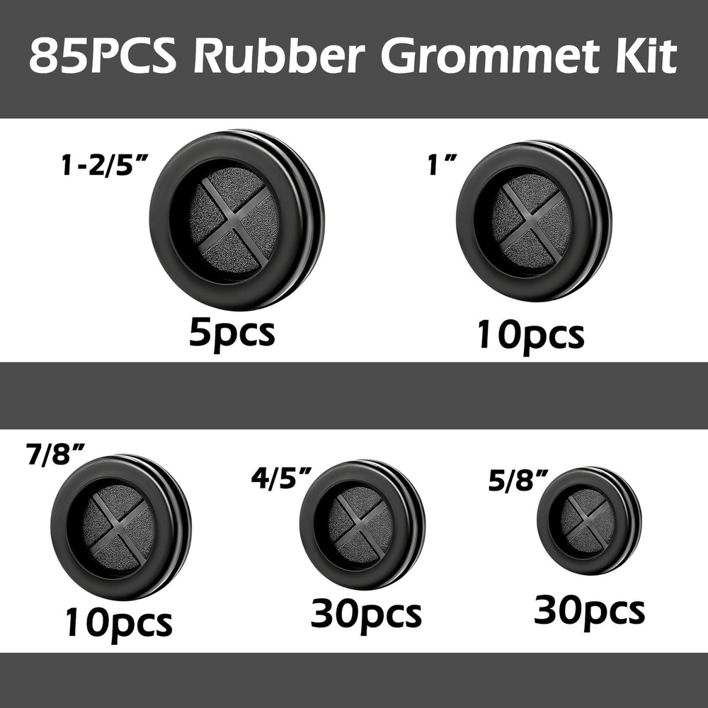 85PCS Rubber Grommet Kit 5 Sizes Double Sided Round Electrical Wire Gaskets C...