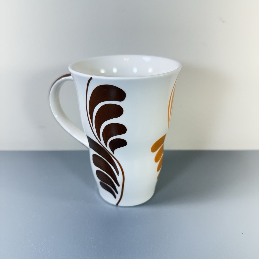 Pier 1 Hand Painted Mug White Multicolor Leaf Pattern Stoneware Cup