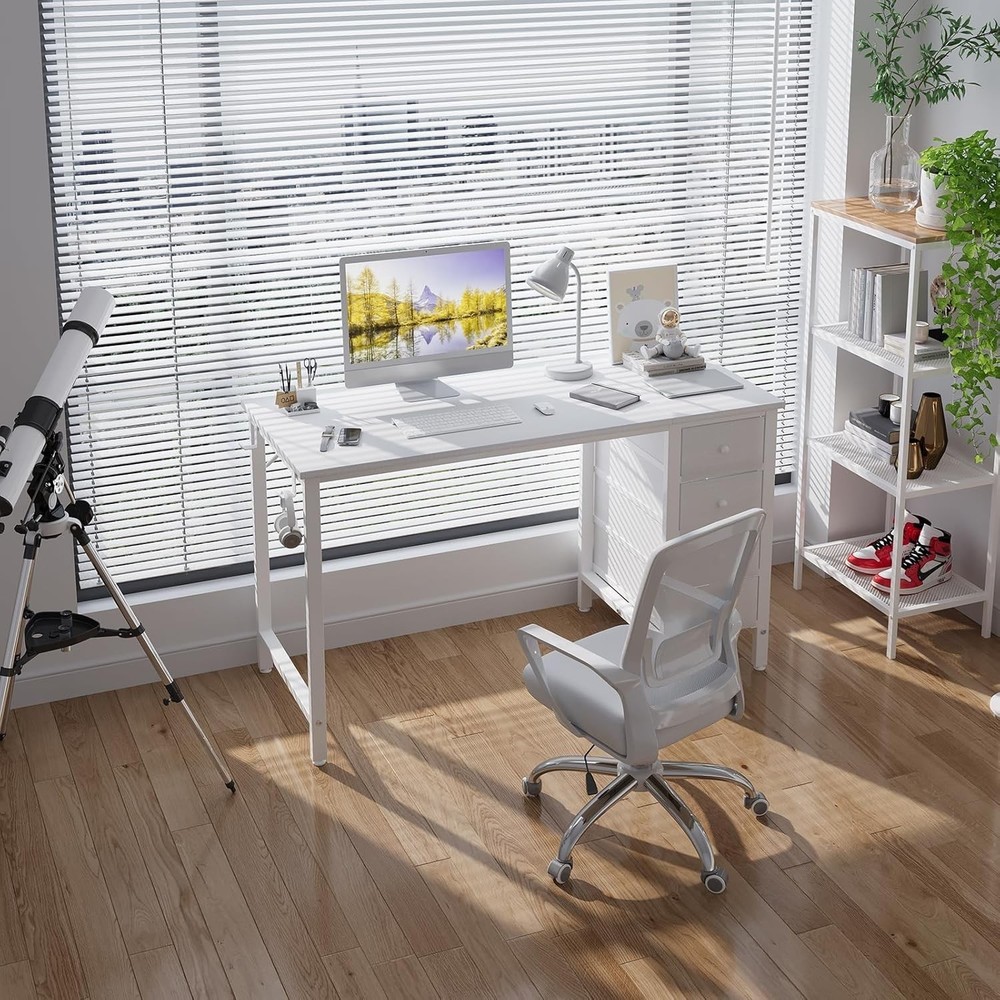 White Computer Desk with Fabric Drawers 47" Reversible Study Work Writing Desk