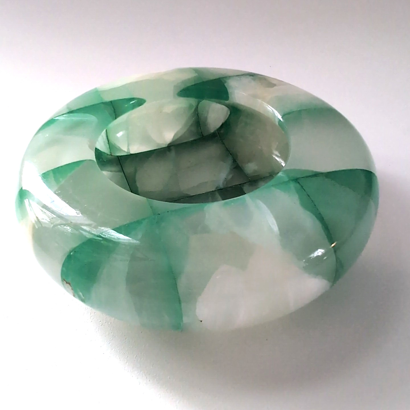 Vintage Carved Green Onyx Stone Ashtray MCM Heavy Trinket Made Italy Checkered