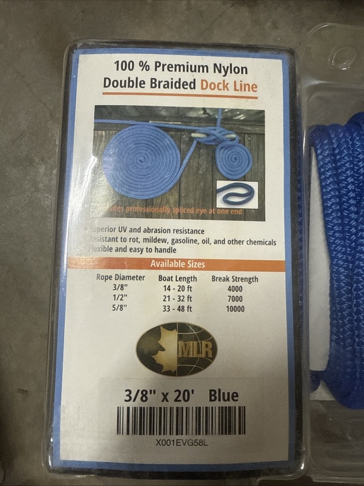 3/8" x 20 ft MLR 100%  Nylon Double Braided Dock Line - Solid Blue