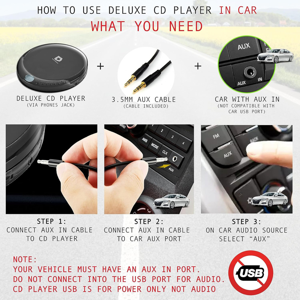 CD Player Portable with 60 Second anti Skip, Stereo Earbuds, Includes Aux in Cab