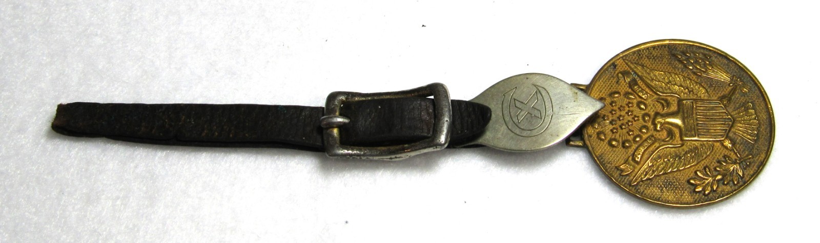 WWI US ARMY BRASS EAGLE WATCH FOB W/ LEATHER STRAP