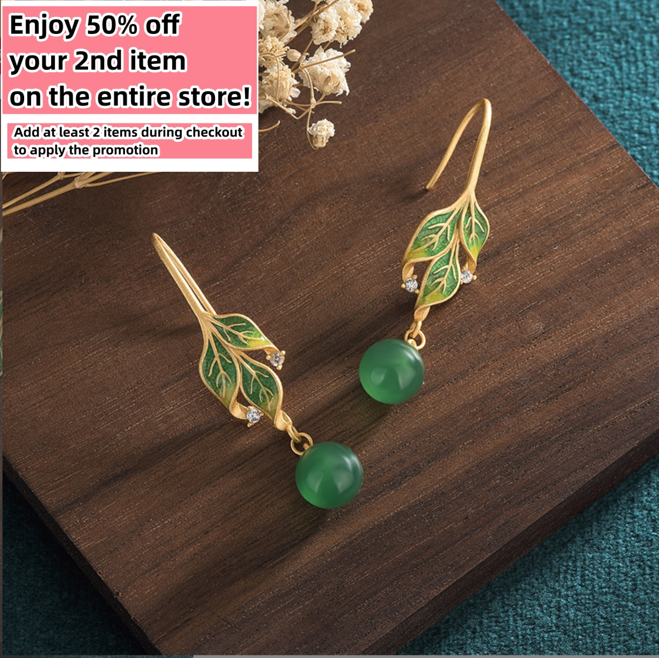 Green Jade Drop Dangle Earrings Boho Gemstone Leaf Design Hook 18K Gold Plated