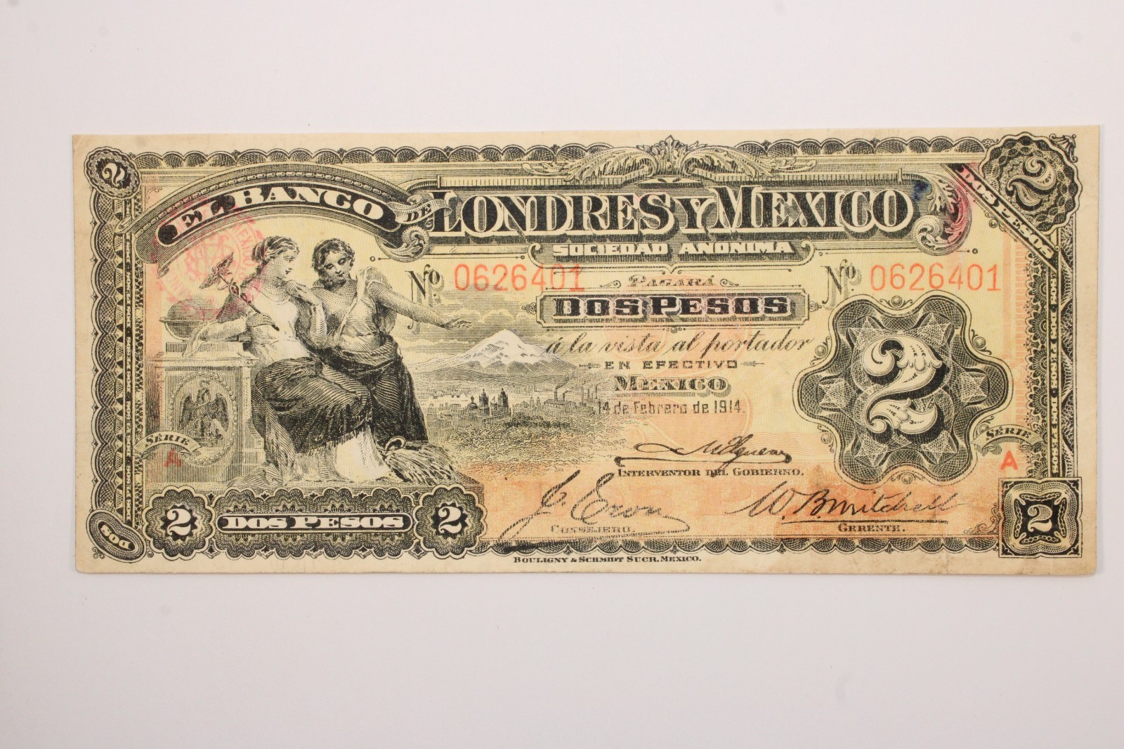 1914 Mexico 2 Pesos El Banco de Londres y Mexico # 0524