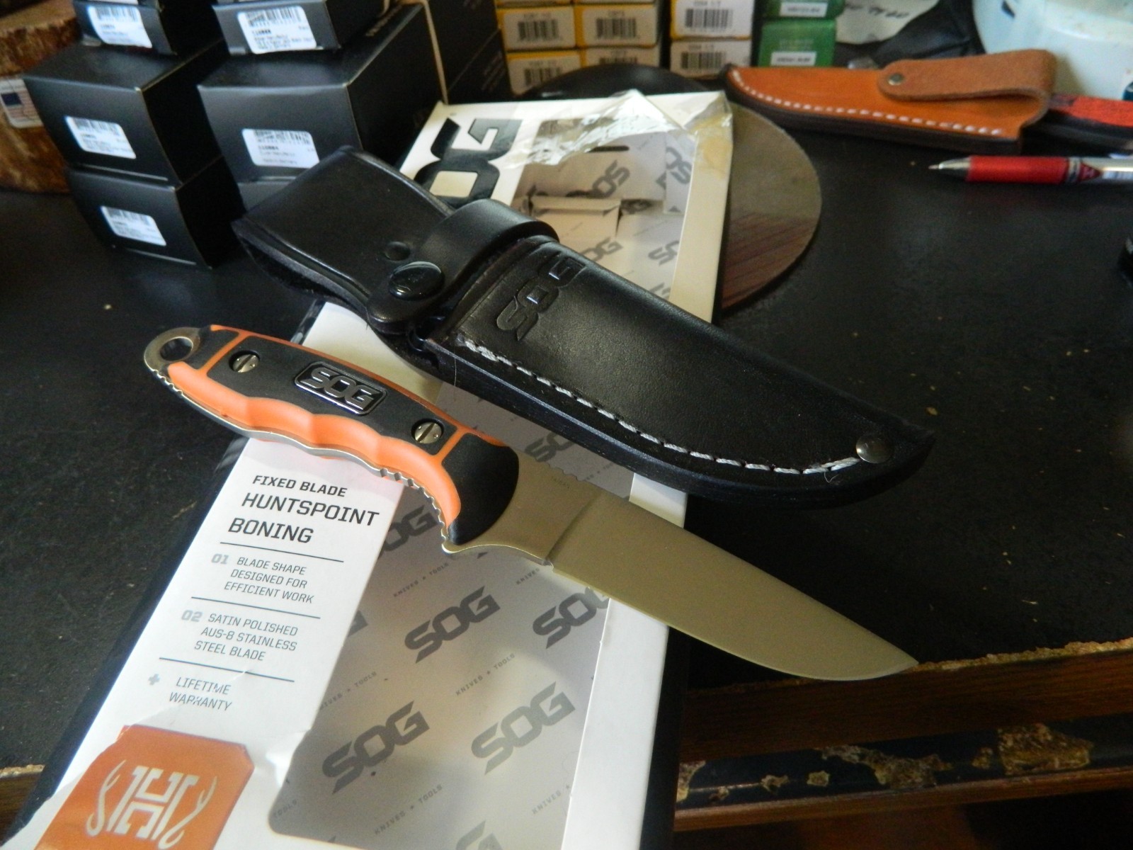 SOG KNIVES 8.2" HUNTSPOINT FIXED BLADE BLADE AUS-8 HANDLE ORANGE & BLACK GRN