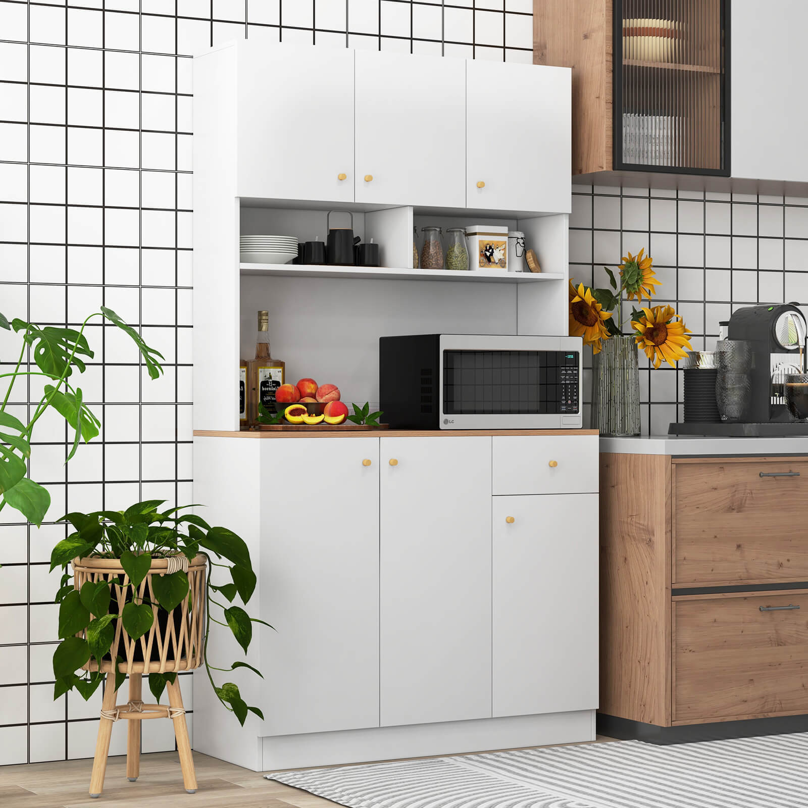 71" Tall Pantry Cabinet w/ Adjustable Shelves Outlets USB Ports Anti-Tipping