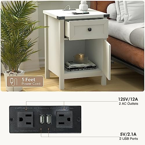 Farmhouse Nightstand with Charging Station Side Table, Rustic End Table White