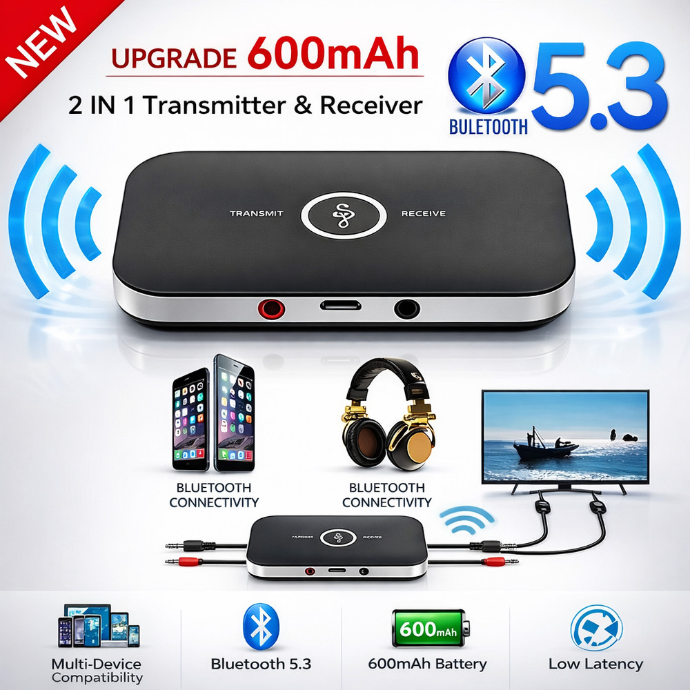 Bluetooth 5.3 2-in-1 Transmitter Receiver AUX Adapter Car TV PC Headphones RCA