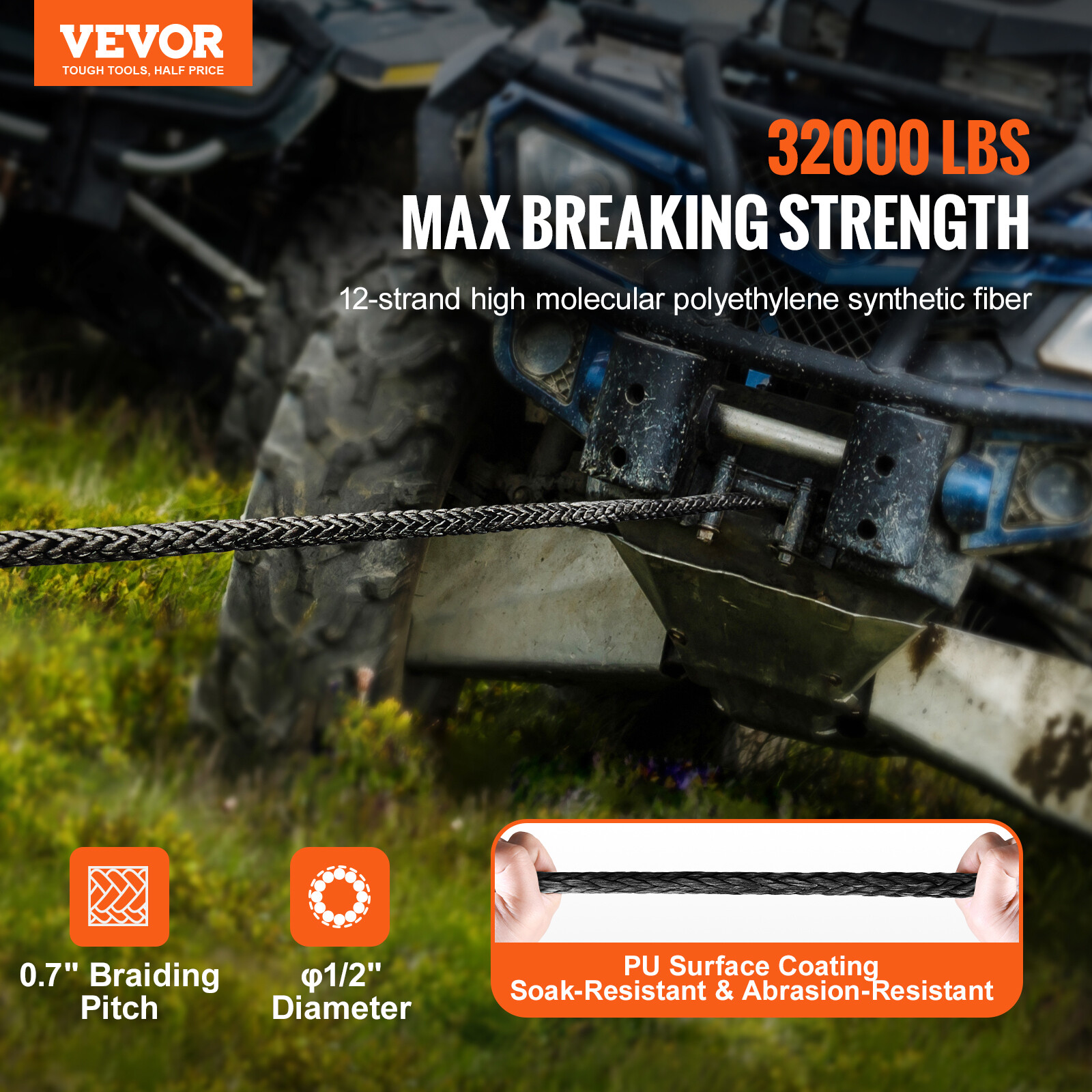 VEVOR Synthetic Winch Rope Winch Line Cable 1/2" x 92' 32000 lbs for SUV Truck