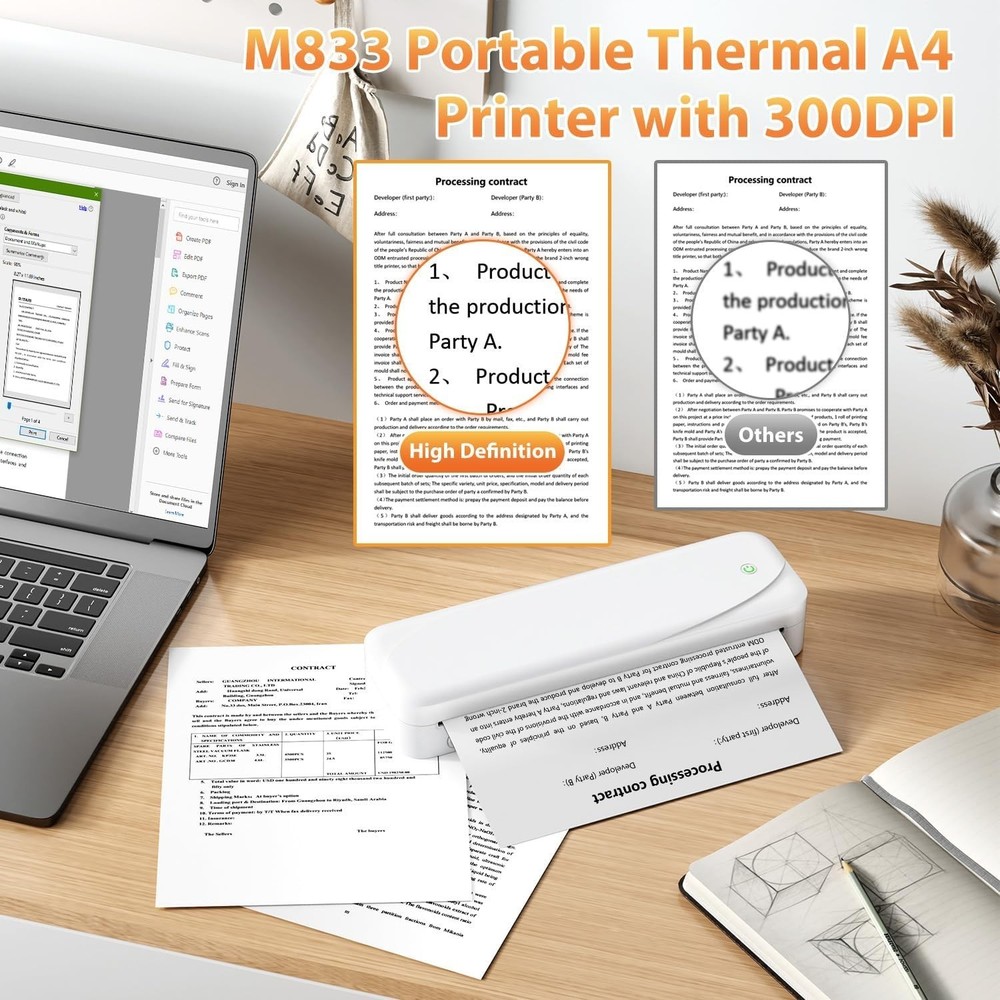 Portable Wireless Bluetooth Thermal Printer, 300DPI Inkless Travel Printer