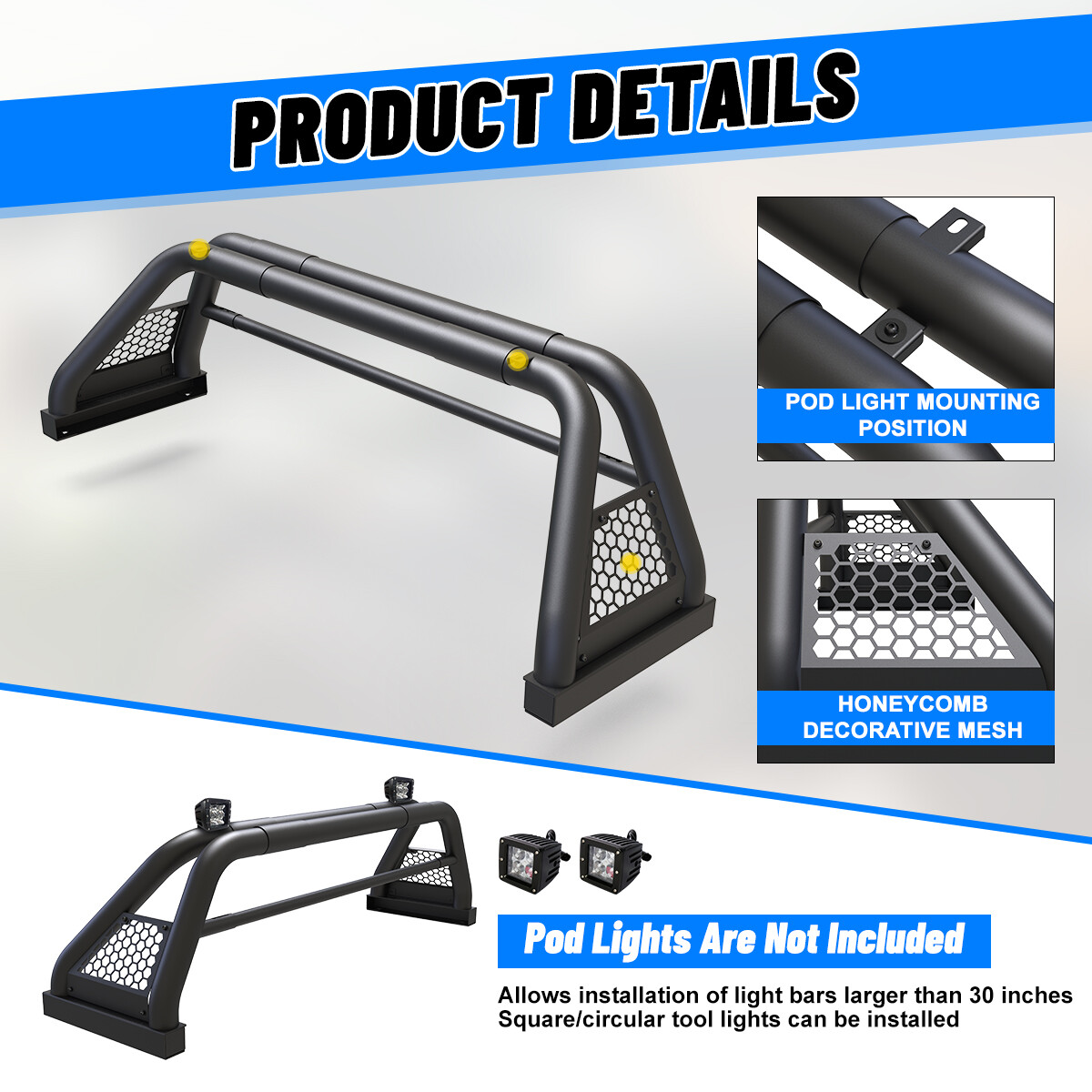 For 11-23 Dodge Ram 1500/2500 Universal Roll Sport Bar Chase Rack Bed Bar Pickup