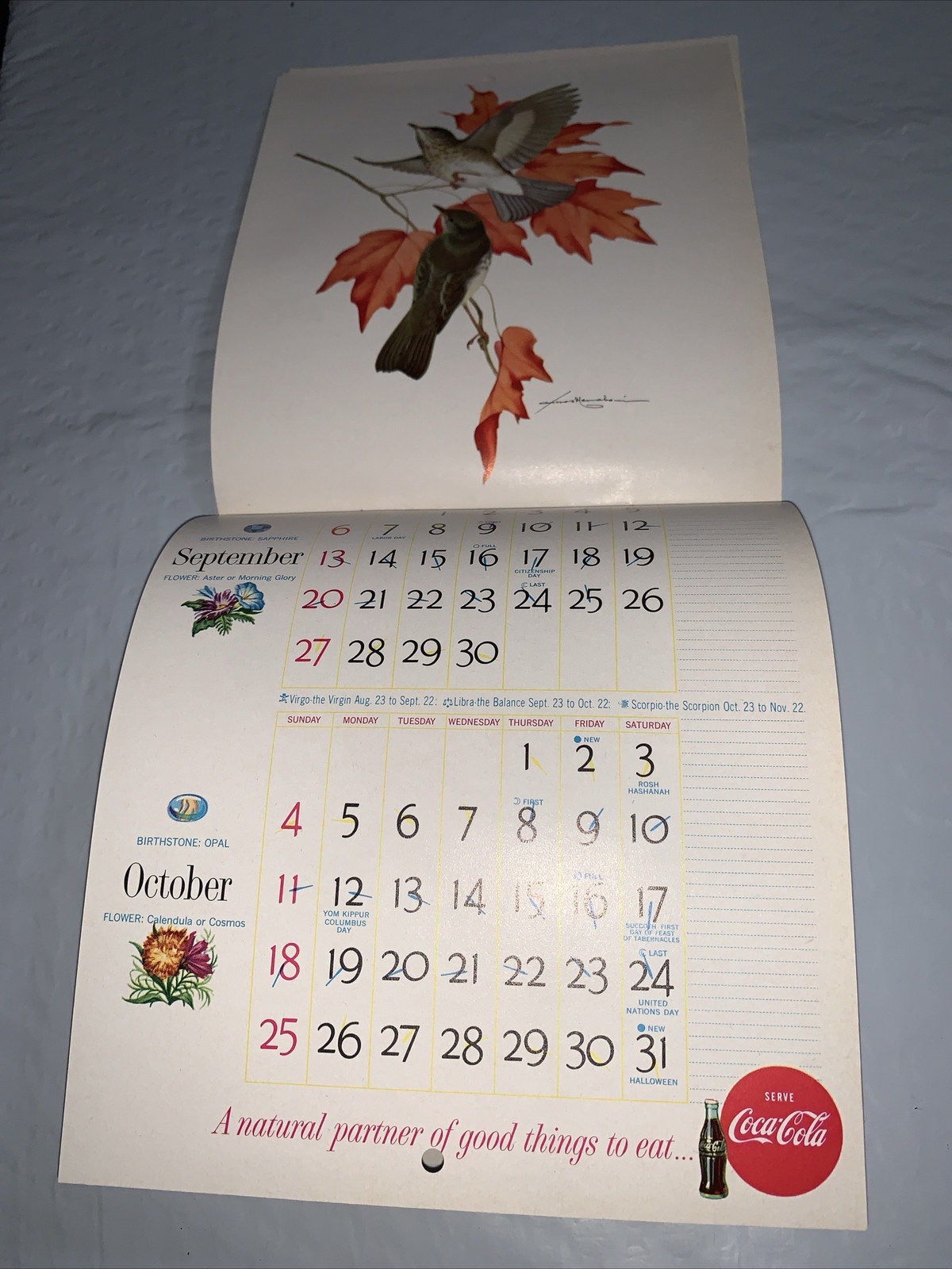 Original 1959 Coca Cola Calendar of American Birds 7 x 12” by ATHOS MENABONIL