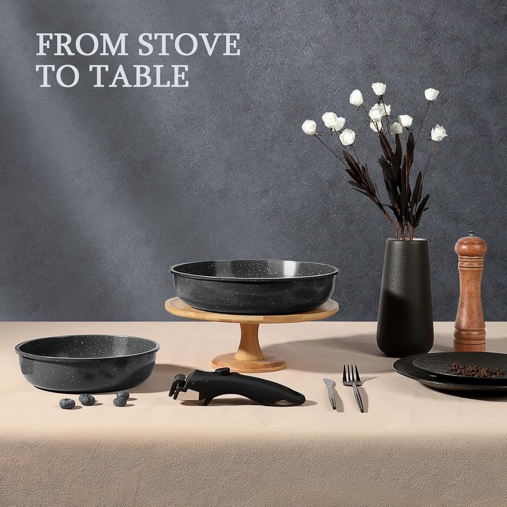 Versatile Induction Compatible Cookware Set with Removable Handles & Lids