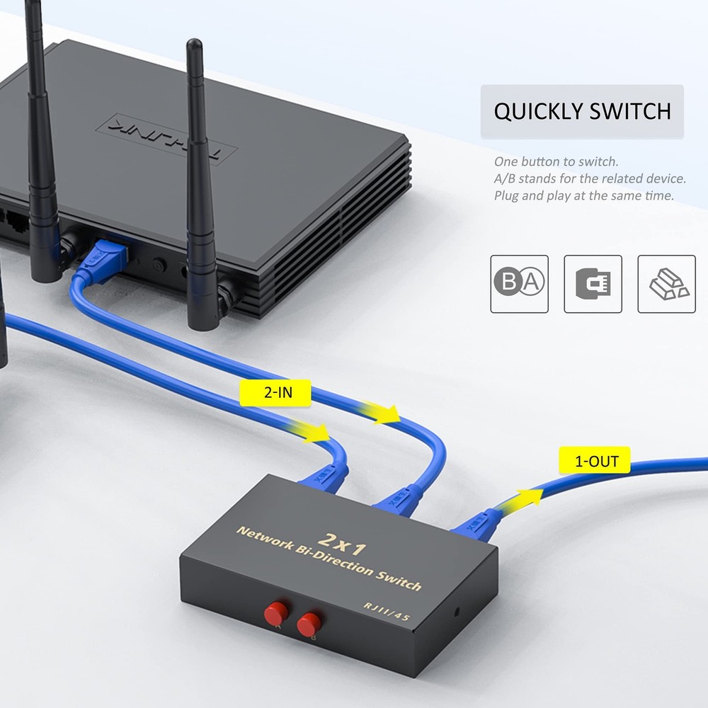 RJ45 Network Switch Selector 2x1 Ethernet Splitter Black