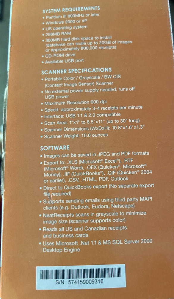 NeatReceipts Scanalizer Mobile Document Scanner Digital Filing System USB PC/Mac