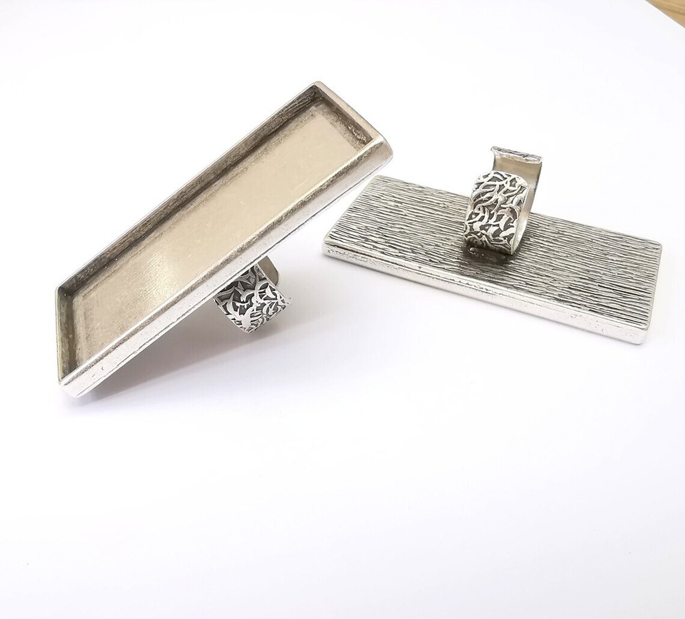 Large Rectangle Ring Blank Settings Cabochon Mounting, Adjustable Antique Silver