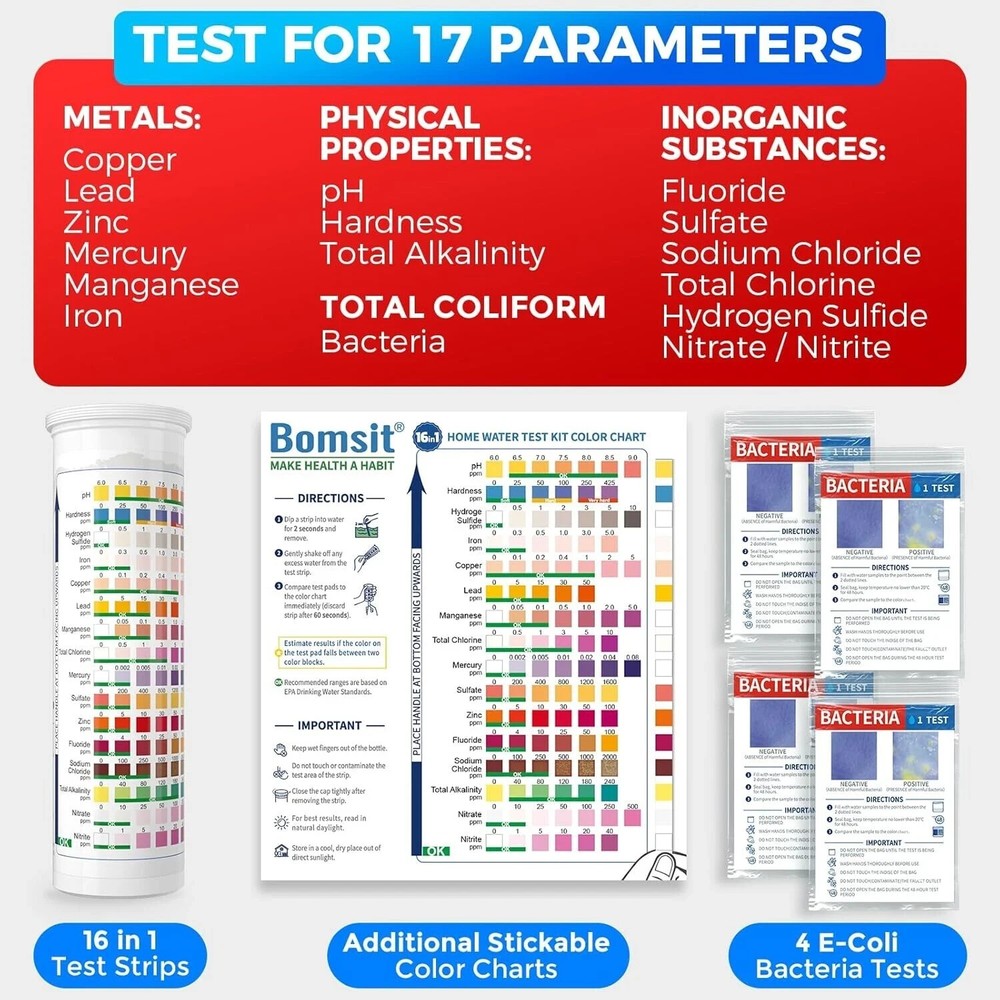17 in 1 Home Drinking Water Testing Kit - 100 Strips + 4 Bacteria Tests