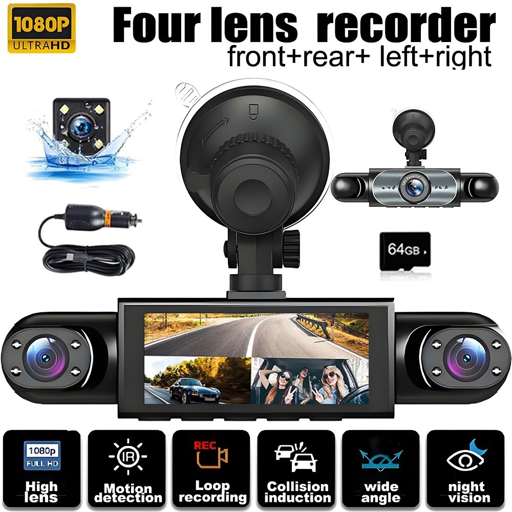360° 4 Channel 1080P HD Car Dash Cam Front and Rear Inside Left Right + Camera
