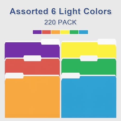 File Folder, 220 Pack Colored File Folder, 1/3 Cut Tabs, Letter Size,