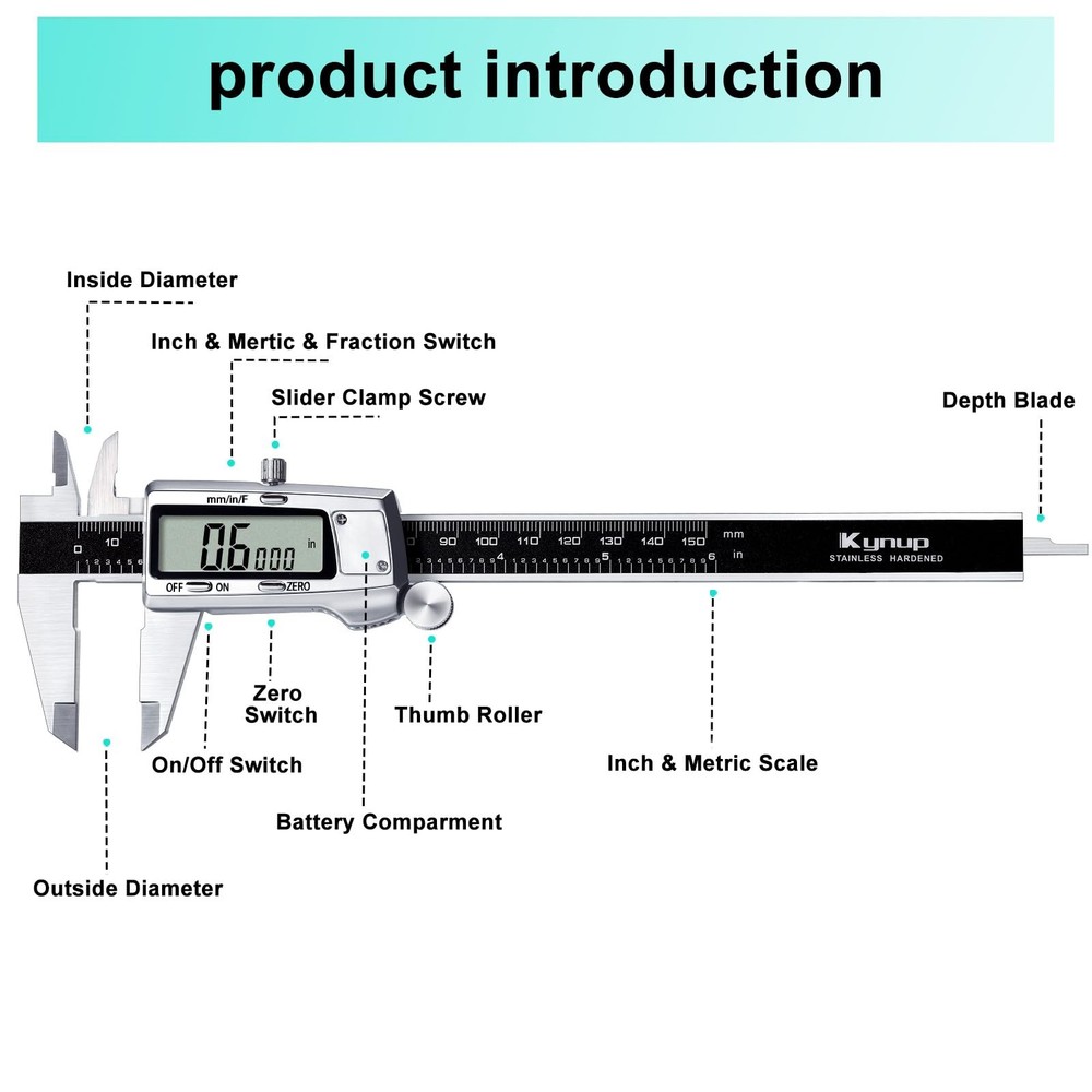 Kynup Digital Caliper, Caliper Measuring Tool, 6 Inch Standard, Black