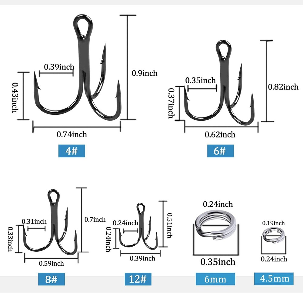 Treble Hooks and Split Rings Kit, 130Pcs Assorted Classic High Medium, black