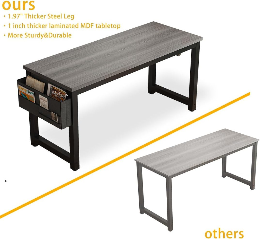 63" Modern Large Computer Desk with Storage & Headphone Hooks - Grey