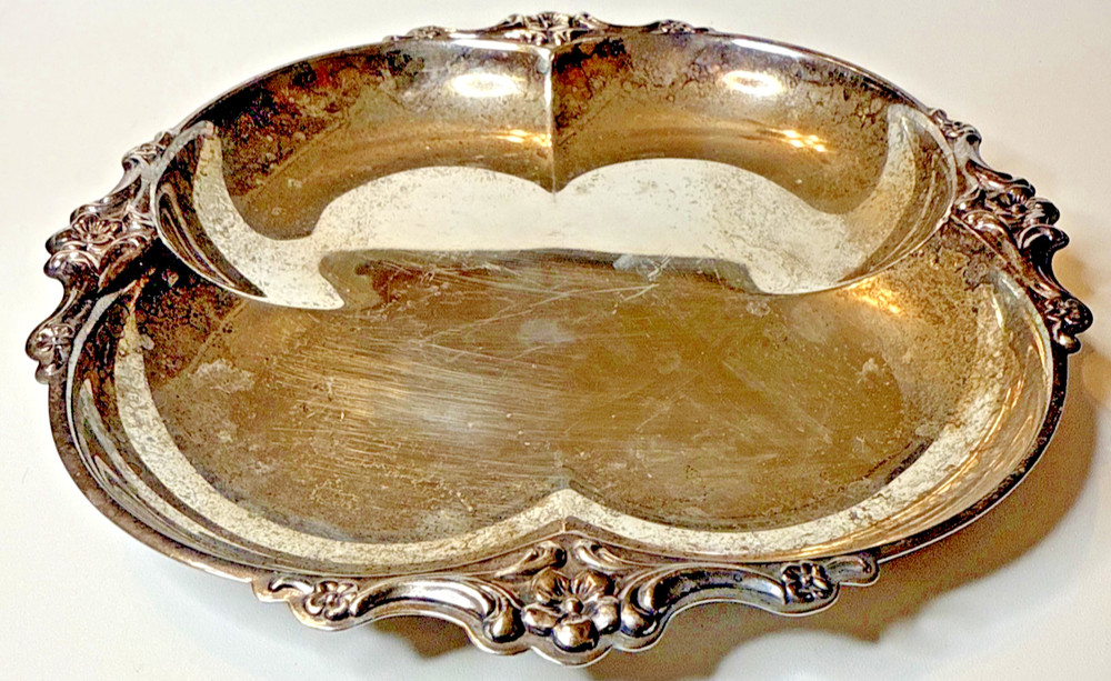 Vintage Silver Plate 4 Leaf Clover Shaped Dish w/Florals 7.25” x 7.25” x 1”