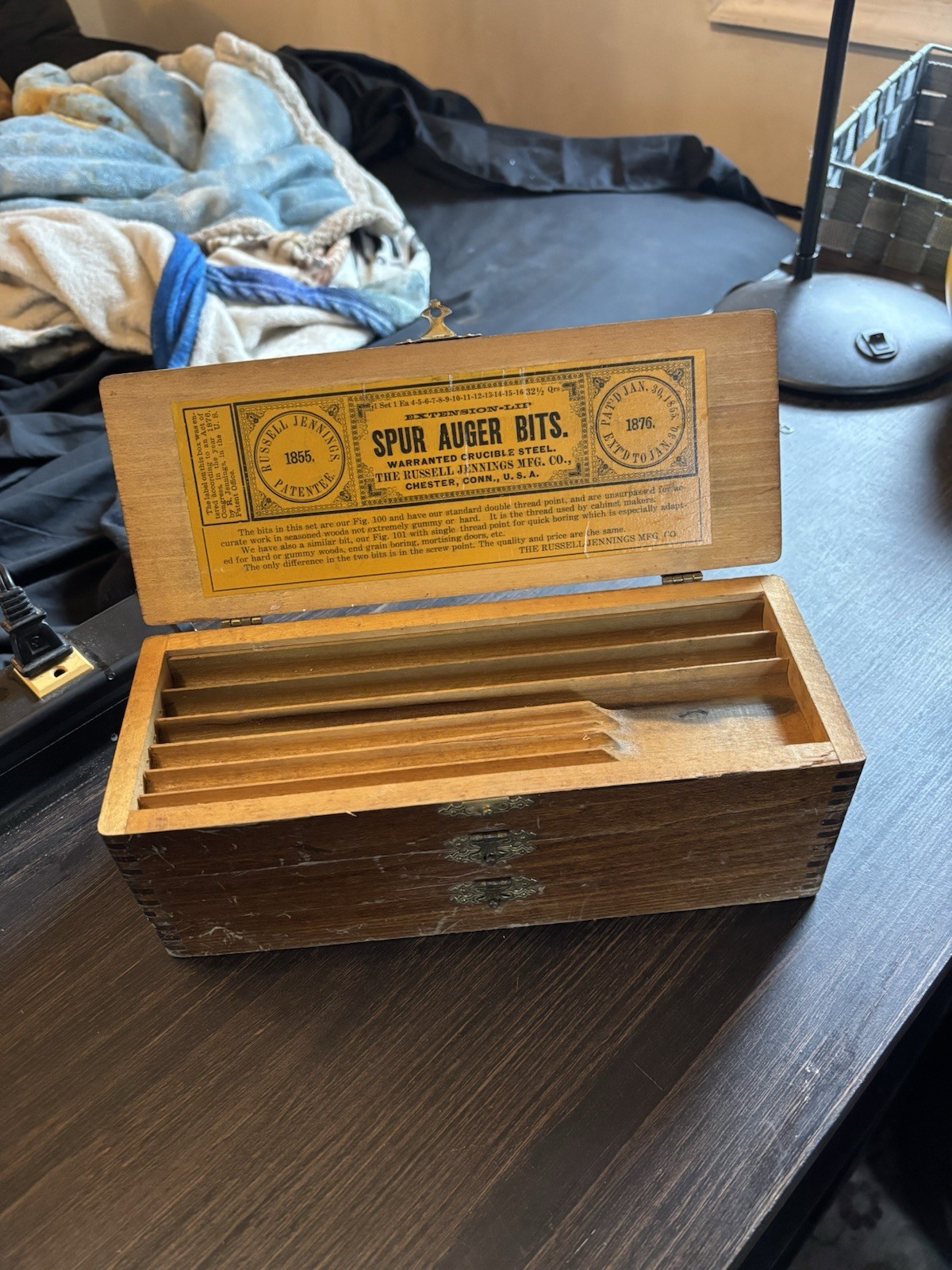 Antique Russell Jennings Spur Auger Bits Original Three Tiered Wooden Box