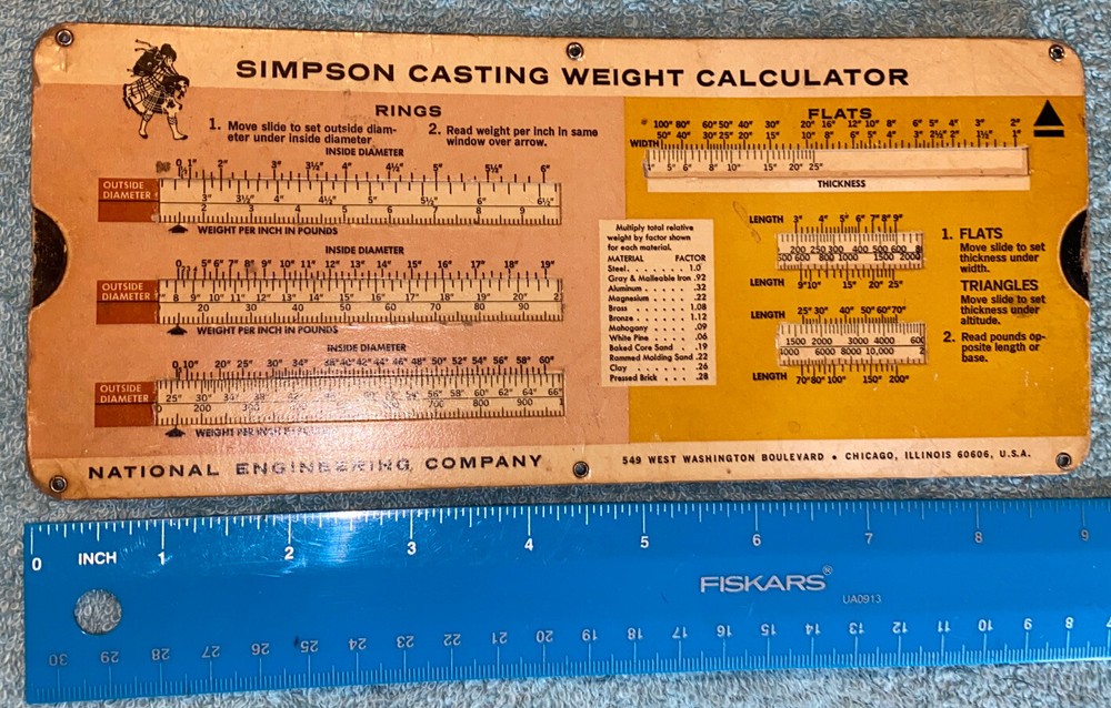 VINTAGE 1966 SIMPSON CASTING WEIGHT SLIDE CHART CALCULATOR Used