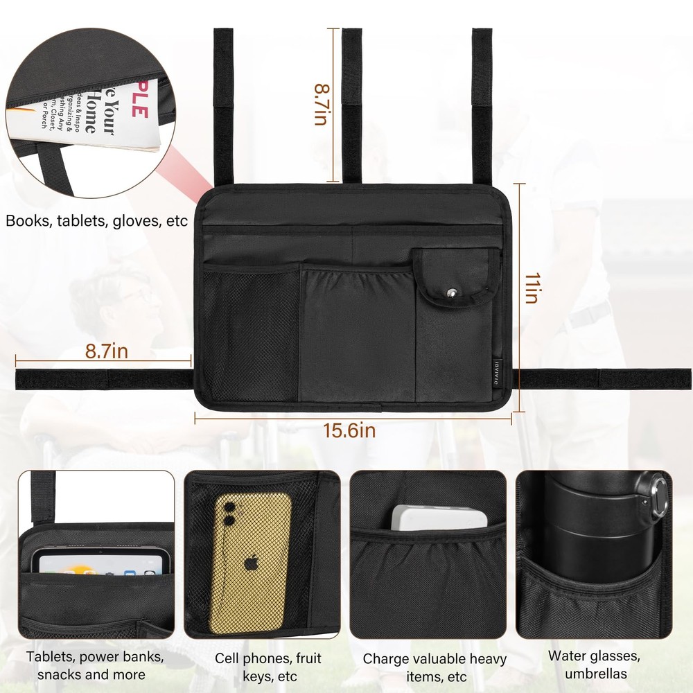 Walker Bag Multiple Pockets Basket for Folding with Cup Black