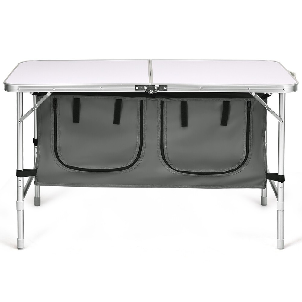Folding Camping Table Aluminum Height Adjustable w/ Storage Organizer Grey