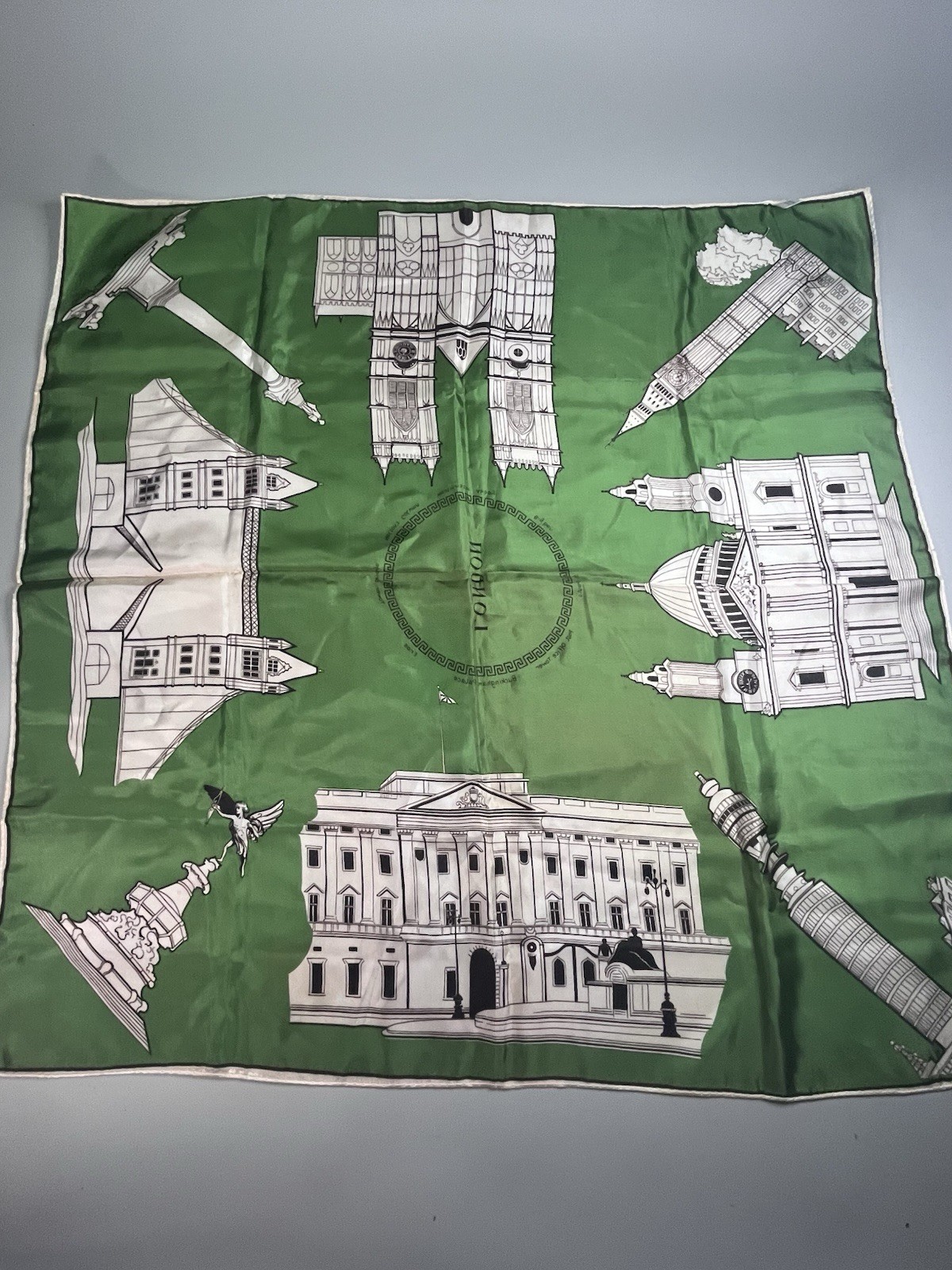 Carey Masters Scarf Vintage London Scenes Souvenir Acetate Satin, Japan, 31"
