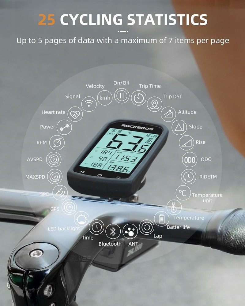 ROCKBROS Bike Computer GPS Wireless Speedometer ANT+Bluetooth w/Cadence Sensor