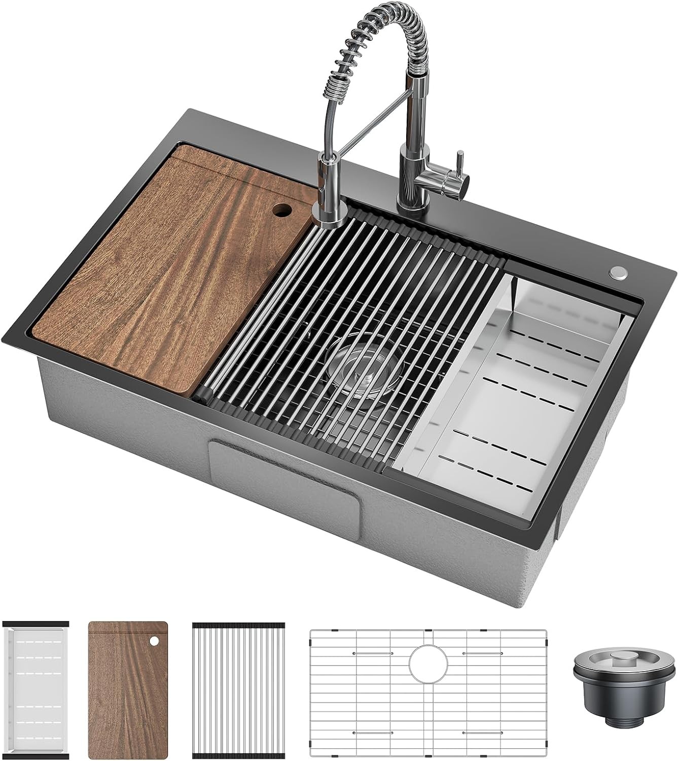 33"x22"x9" Drop in Kitchen Sink with Pull Down Spring Faucet, Single Bowl Sink