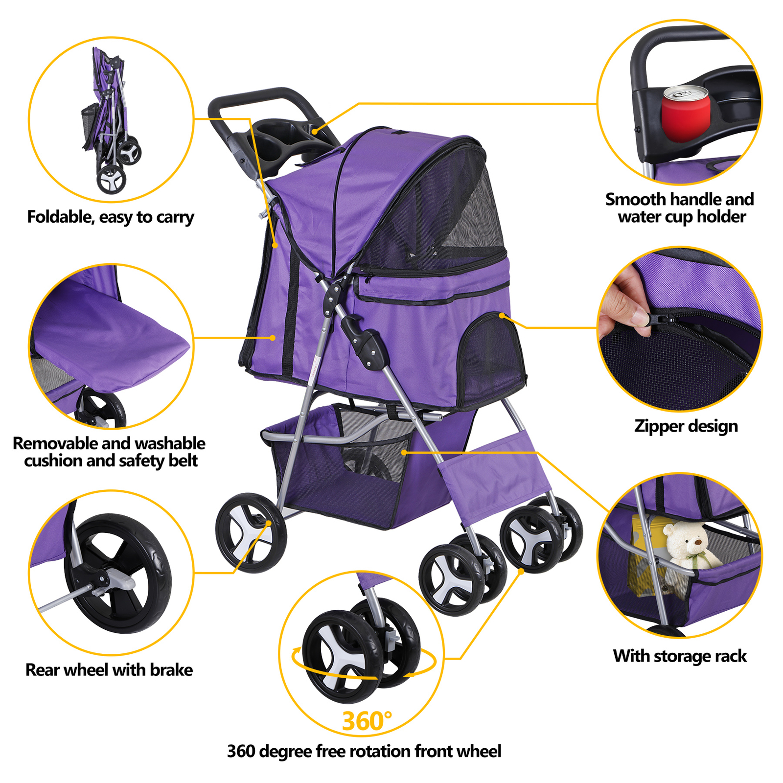 4 Wheel Dog Stroller Pet Stroller Travel Carriage w/Foldable Carrier Cart Purple