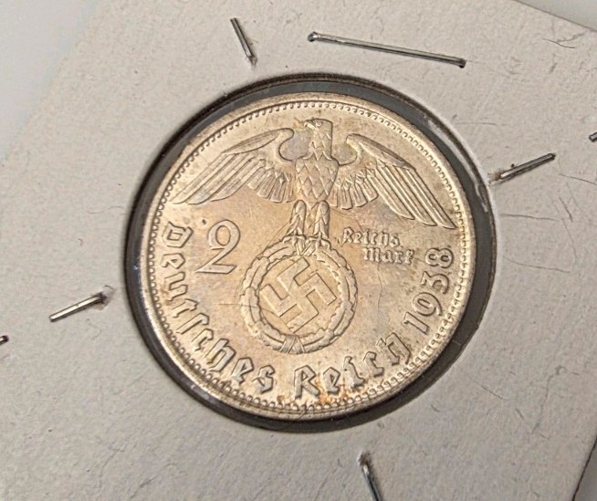 2 Mark German 62.5% Silver Paul  Von Hindenberg 1938 Swastika Third Reich