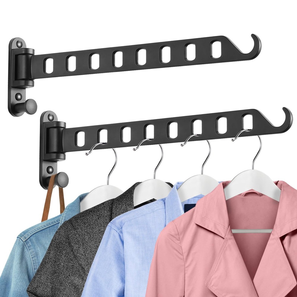2 Pack Black Wall Mounted Clothes Hanger Swing Arm 8Hole Drying Rack Bin