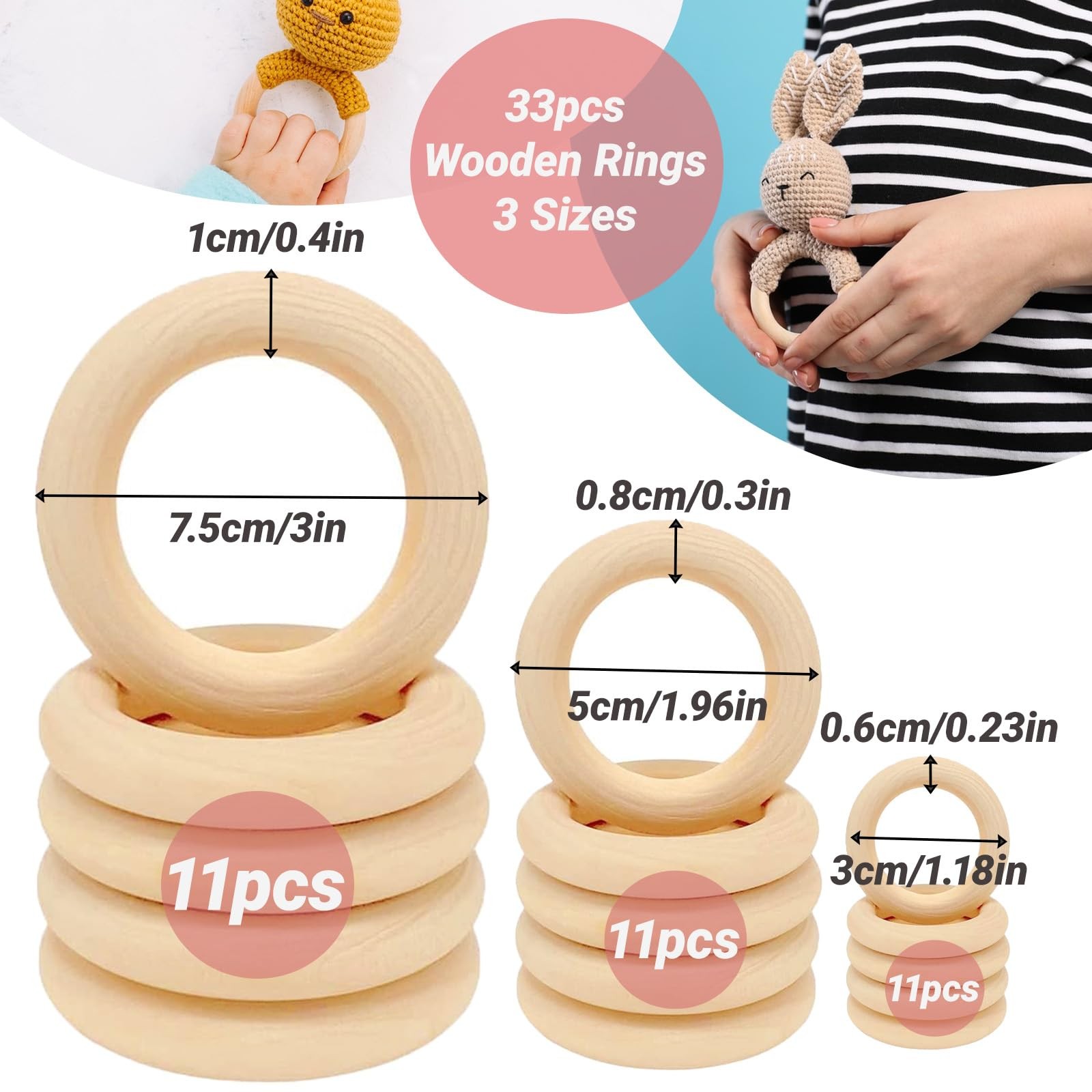 33pcs Wooden Rings for Crafts 3 Sizes Natural Wood Hoops for Macrame DIY Decor