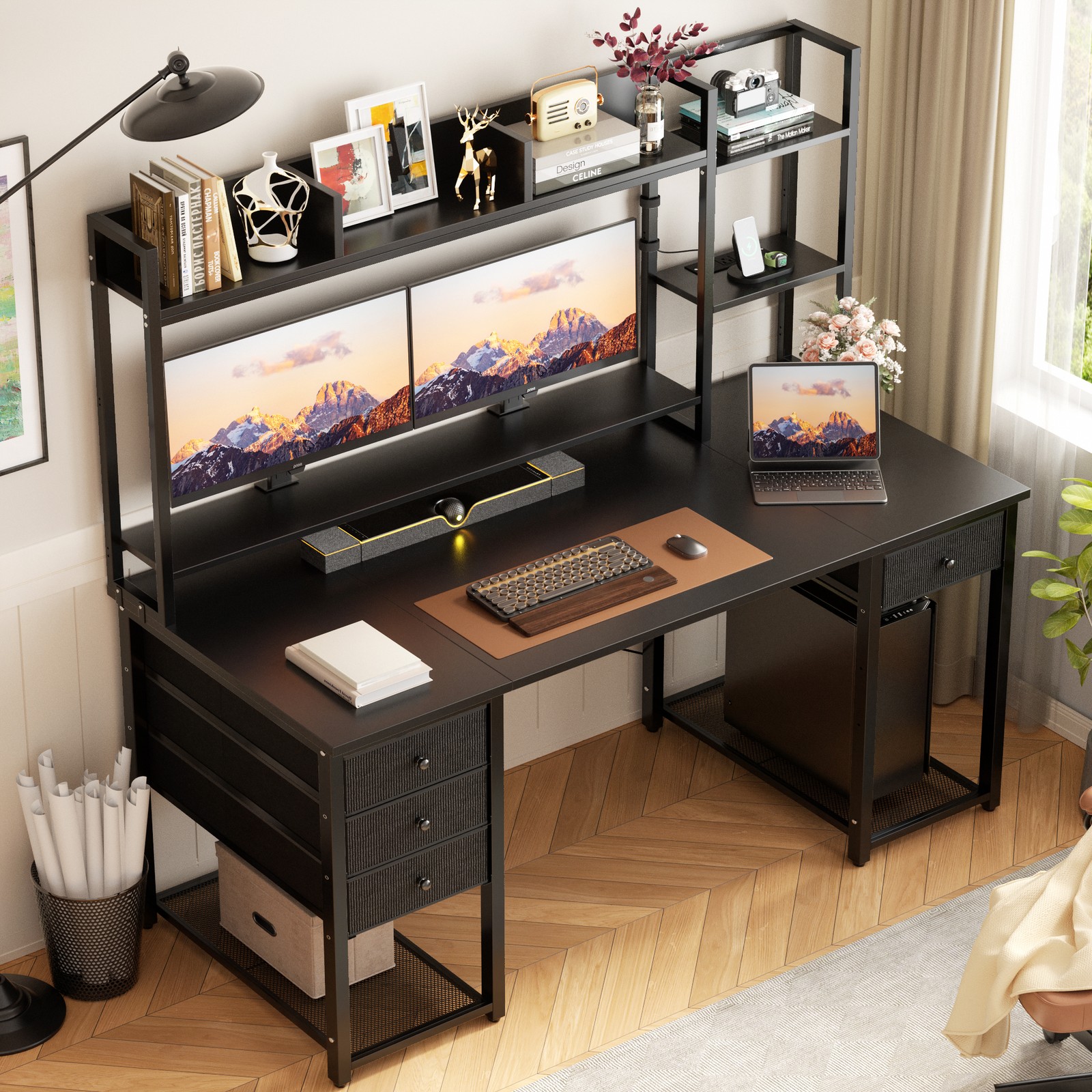 55'' Computer Desk with Hutch and 4 Fabric Drawer ＆ Charge Station ＆ LED Lights