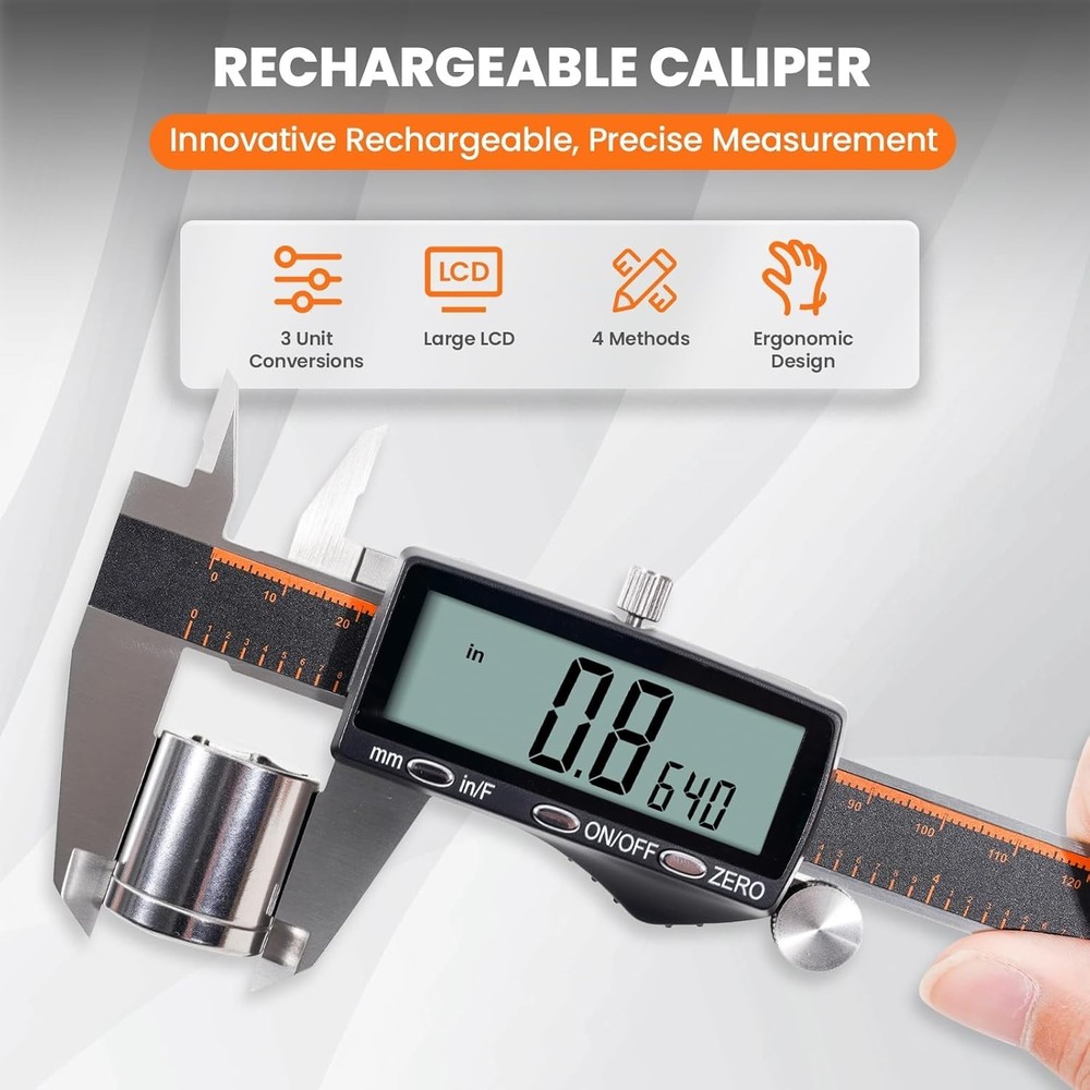Versatile 6-Inch Digital Caliper - Rechargeable, Auto-Off, LCD for All Projects