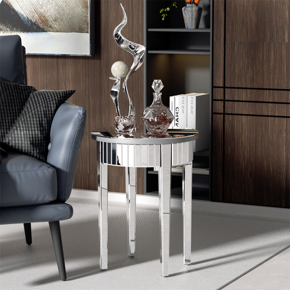Modern Round Silver Mirrored Side Table Bedside Accent Table Silver-plated Glass