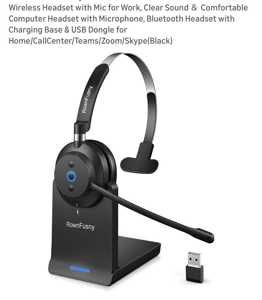 Rownfusny Wireless Headset with Mic for Work, Clear Sound ＆ Comfortable Compu...