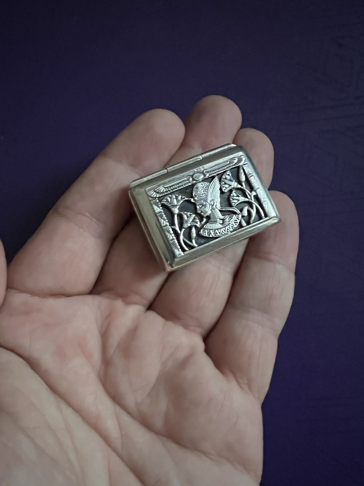 Superb Solid Silver Egyptian Revival Pill / Snuff Box Pharaoh