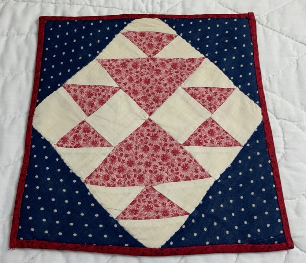 Antique Vintage Patchwork Quilt Table Topper, Four Patch W/ Triangles, Pink Navy