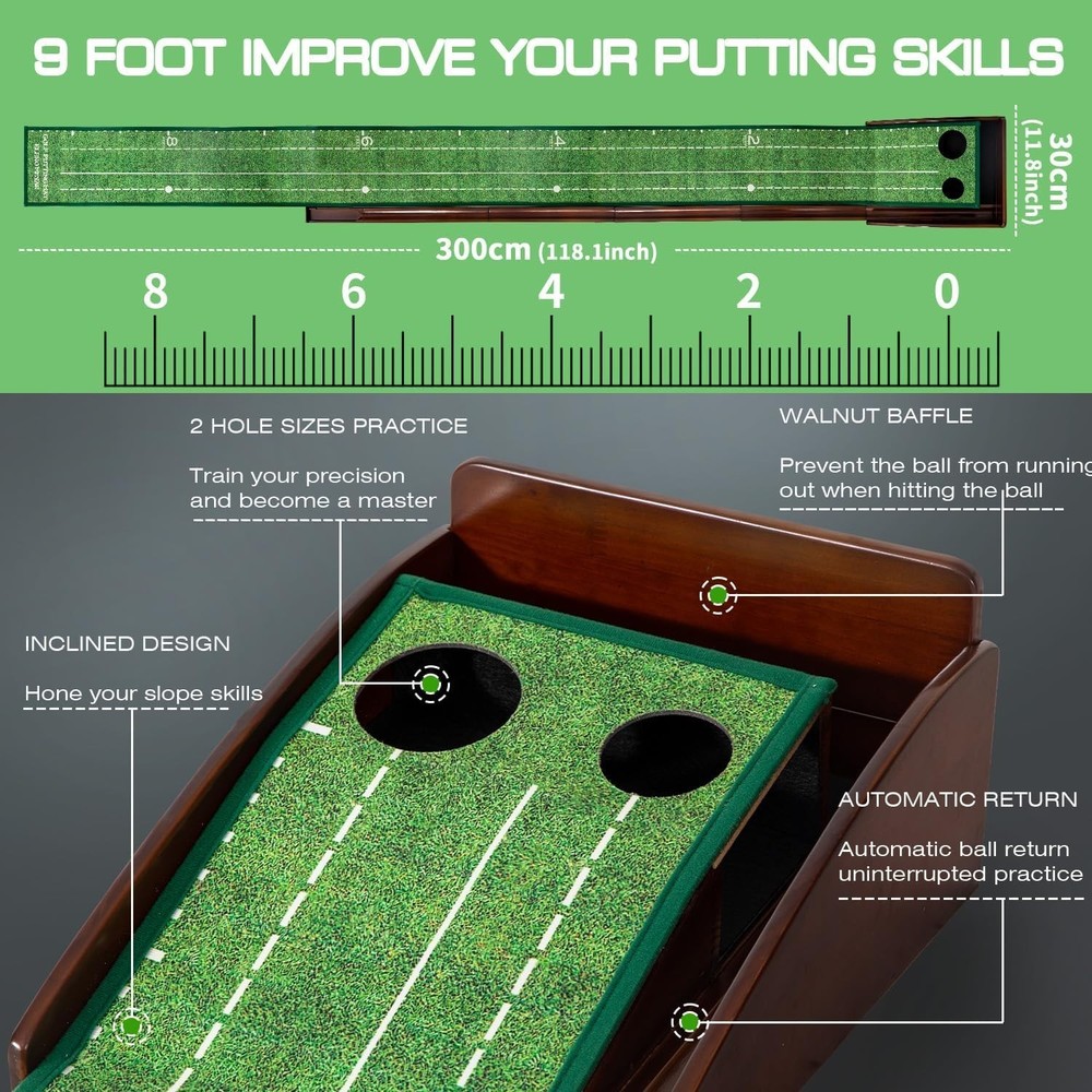 Foldable Portable Golf Putting Mat with Mirror & Automatic Ball Return System