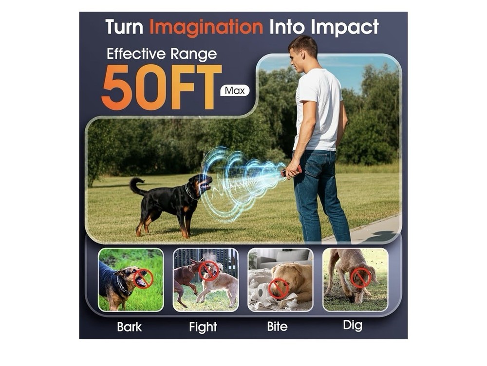 Dog Bark Deterrent Device 3 Sonic Heads 50ft Range Rechargeable w/ Flashlight
