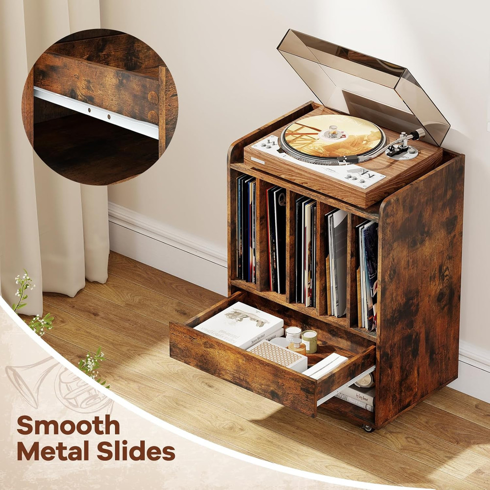 Record Player Stand, Rolling Turntable Stand with Drawer & Lockable Wheels, Reco