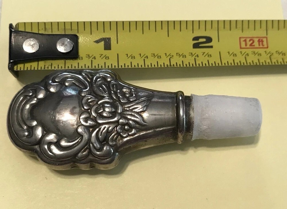 VTG Silver Plated Perfume Bottle Stopper - Ornate Floral Pattern