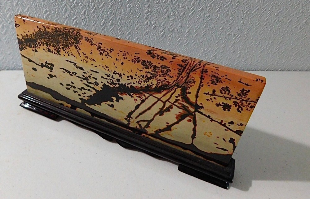 Antique Dendritic Agate Stone. Slab Display with Stand